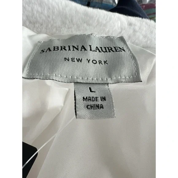 Sabrina Lauren Women's Large Faux Fur Toggle Coat Luxe Look White W/ Black Trim - Picture 5 of 8